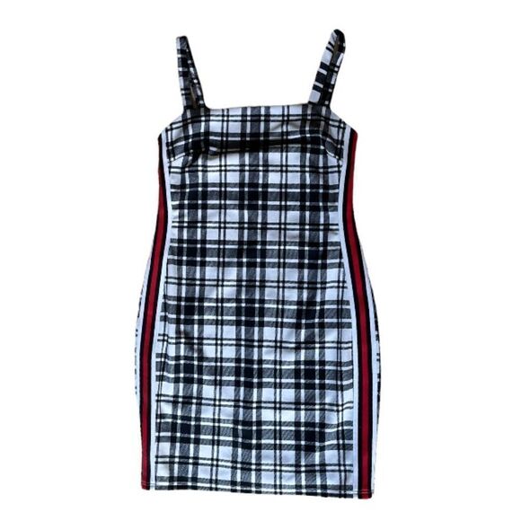 HEARTBEEPS Black and White Plaid Bodycon Dress with Red Side Stripe (M) - Picture 1 of 5